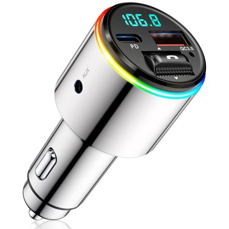 Niweya Bluetooth 5.3 FM Transmitter for Car, Wireless FM Radio Bluetooth Car Adapter, QC3.0 18W & Type-C PD 30W Fast Car Charger, AUX Output, Hands-Free Call, Dual 7-Color Backlit, Zinc Alloy, Silvery