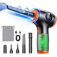 Compressed Air Duster for PC, Rechargeable Electric Air Duster with LED Light & Power Display, 3 Speeds Max 90000RPM Cordless Air Blower Duster with 5 Switchable Nozzles for Keyboard Car